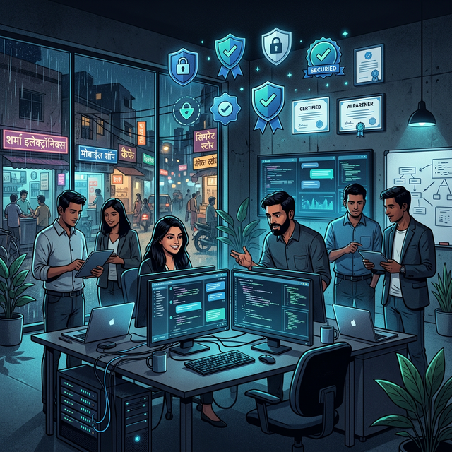 Professional chatbot development team in Kolhapur office with trust badges and MSME certification