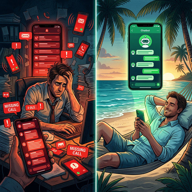 Business owner transformation before and after chatbot automation - stressed to relaxed